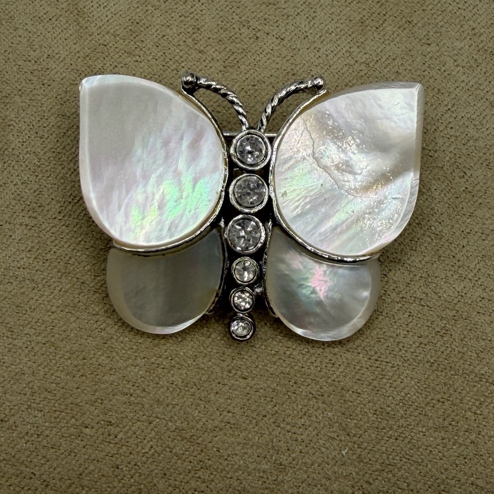 Vintage Monet Mother of Pearl Butterfly Silver Brooch Costume CZ Pin Cottage